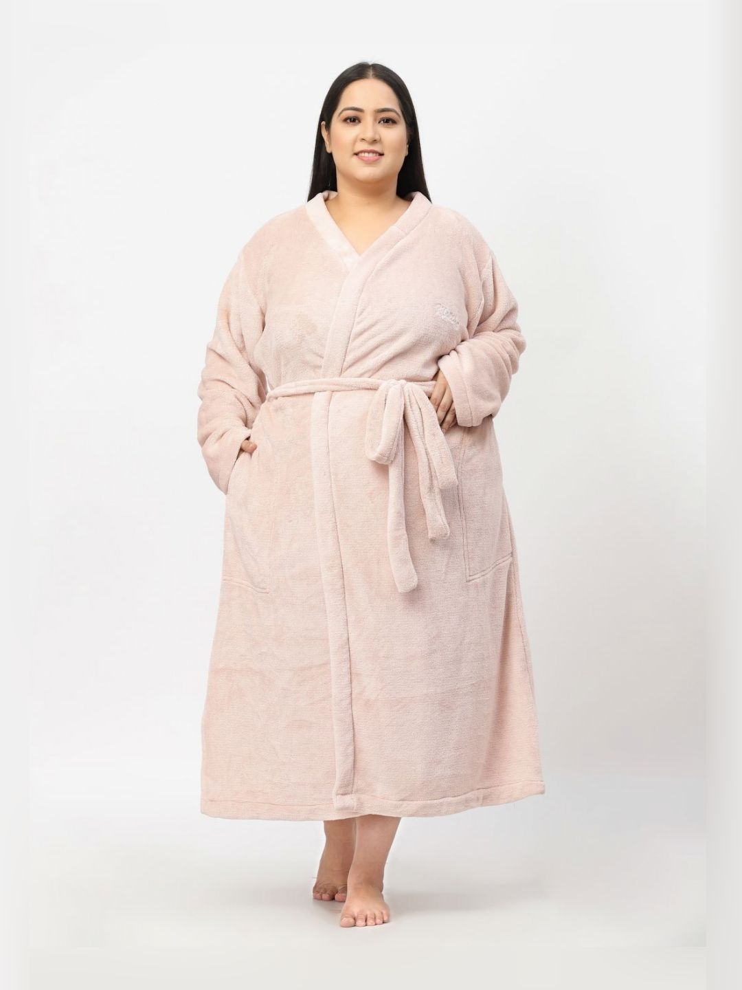 KLOTTHE Plus Size Woolen Long Sleeve Bath Robe With Belt