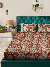 Aura Rust & Blue Ethnic Motifs Printed 300 TC Fitted King Bedsheet Set 2.5 x 2.25 m