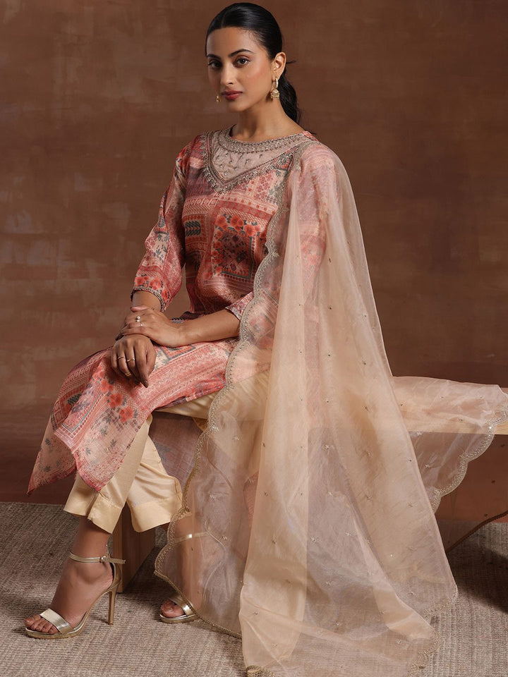Libas Ethnic Motifs Printed Organza Straight Kurta With Trouser & Dupatta