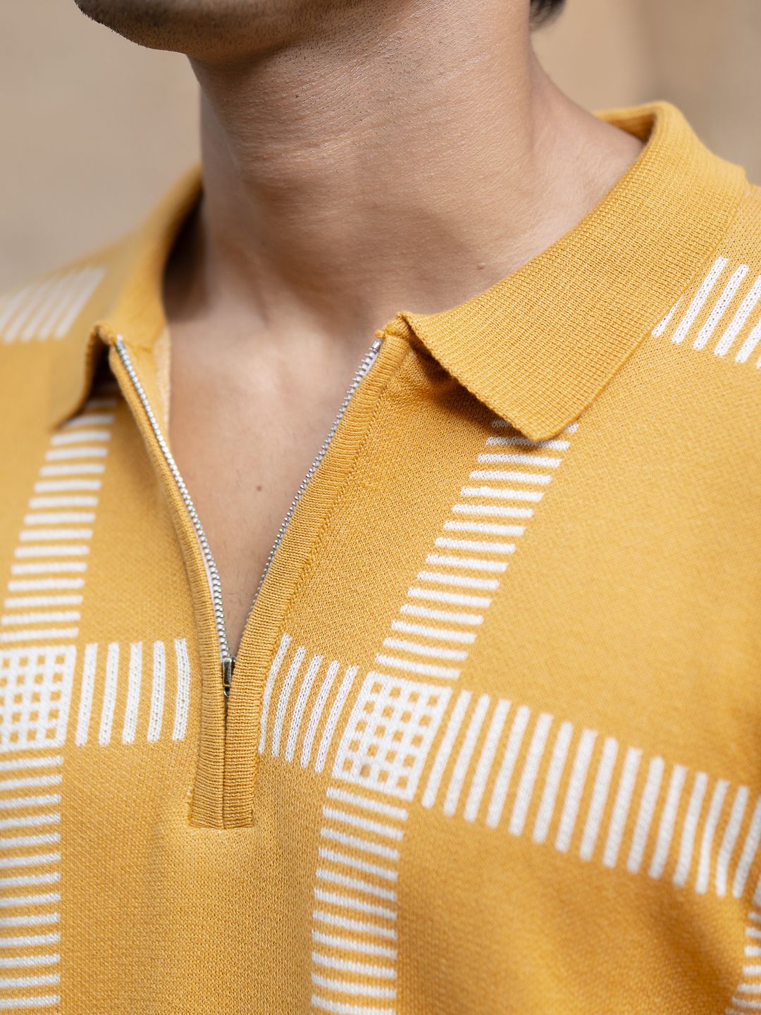 Powerlook SS25 Knitted Checked Polo Collar Pure Cotton T-Shirt