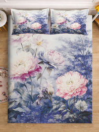 KLOTTHE Blue & Pink Floral Printed Flat 300 TC King Double Bedsheet With 2 Pillow Cover