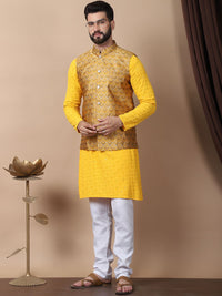 Kurta Kapas Tulen Sulaman Bunga Mustard Kuning Anouk dengan Jaket Churidar & Nehru