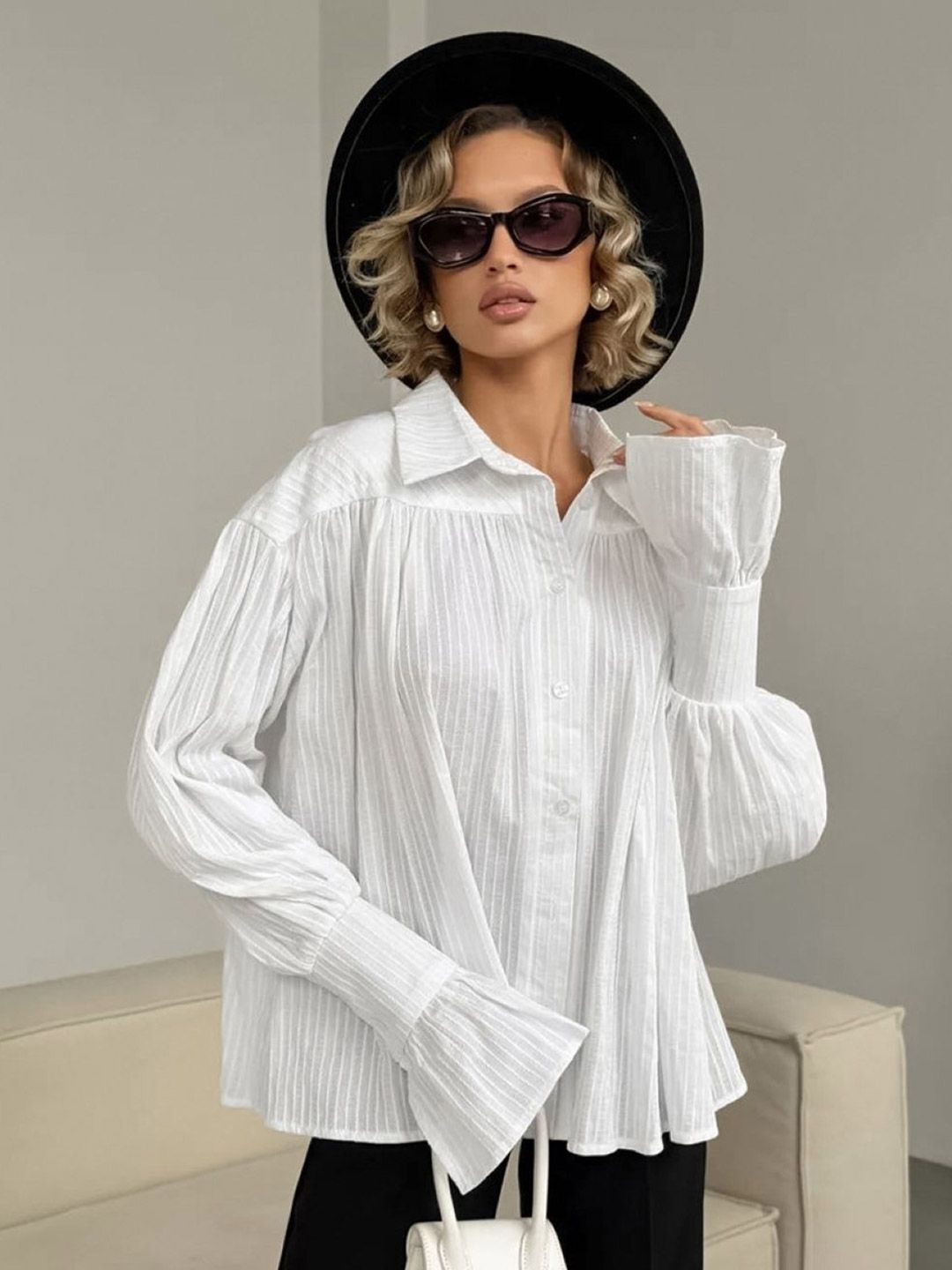 all about you Women Striped Bell Sleeve Cotton Shirt Style Top
