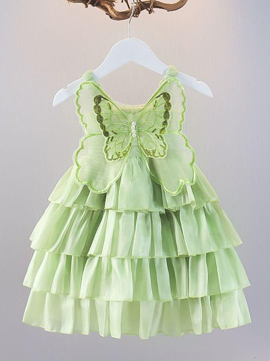 YK Girls Self Design Smocked Detail Shoulder Straps A-Line Layered Dress