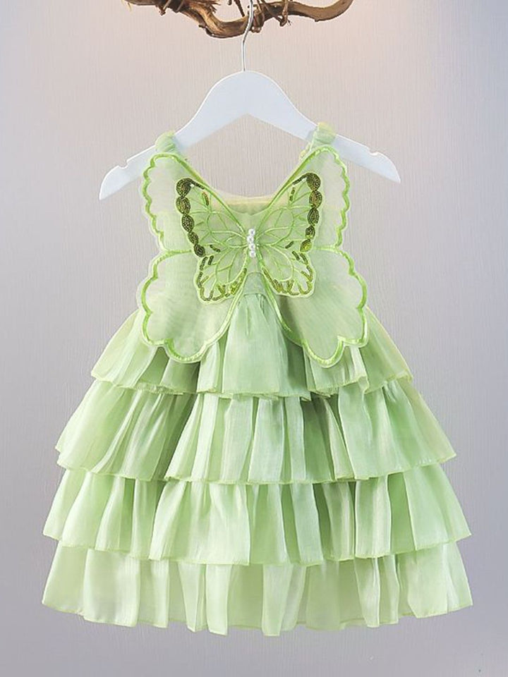 YK Girls Self Design Smocked Detail Shoulder Straps A-Line Layered Dress
