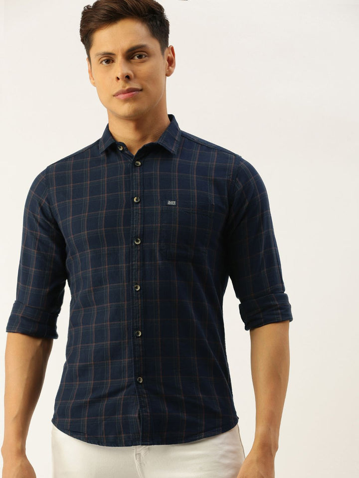 The Indian Garage Co Men Navy Blue & Brown Slim Fit Checked Casual Shirt