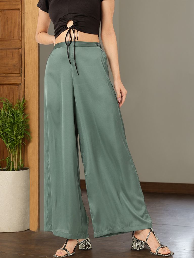 DressBerry Women Cool Matcha Satin Slay Retro Wide Trousers