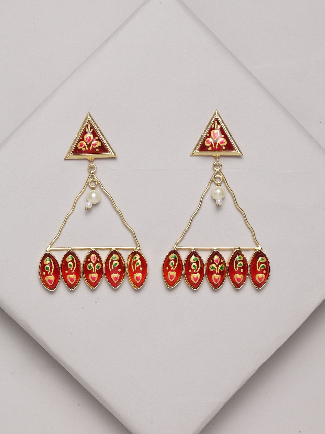 Anouk Red Gold-Plated Pearls Beaded Triangular Drop Earrings