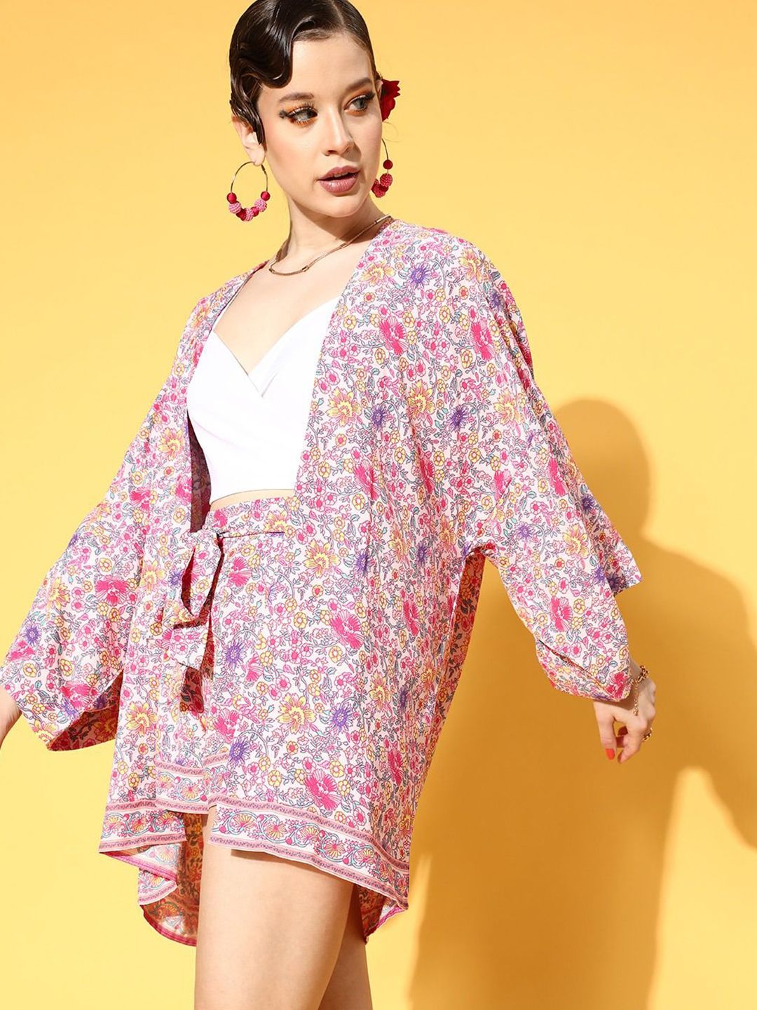 Berrylush Floral Printed V-Neck Longline Shrug