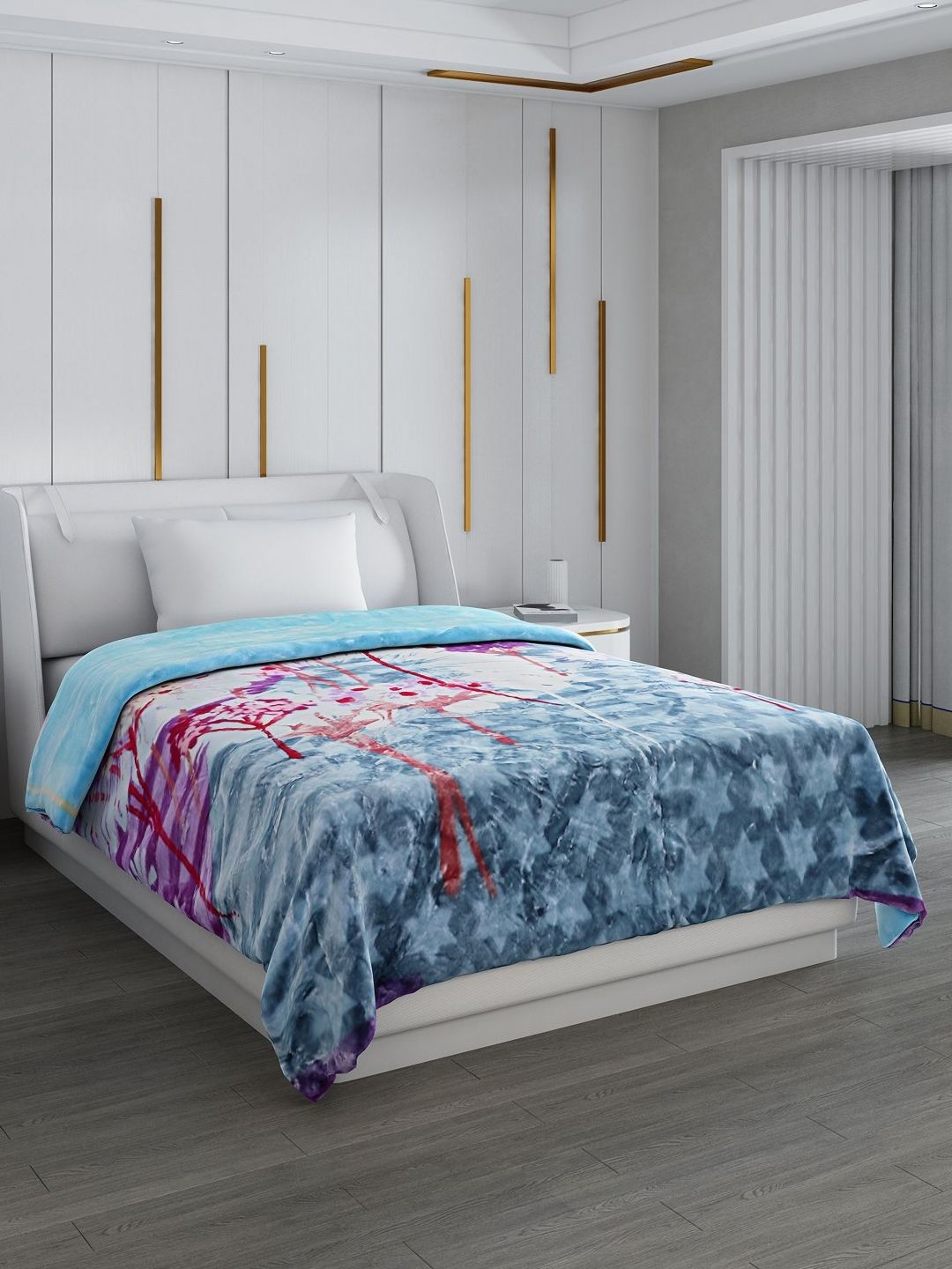 Monte Carlo Blue & Purple Floral Printed Mild Winter Single Bed Blanket