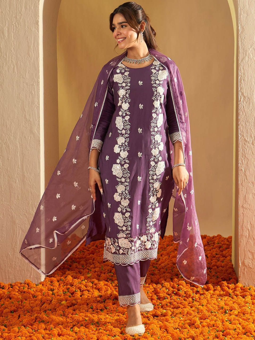 Indo Era Floral Embroidered Thread Work Straight Kurta With Trousers & Dupatta