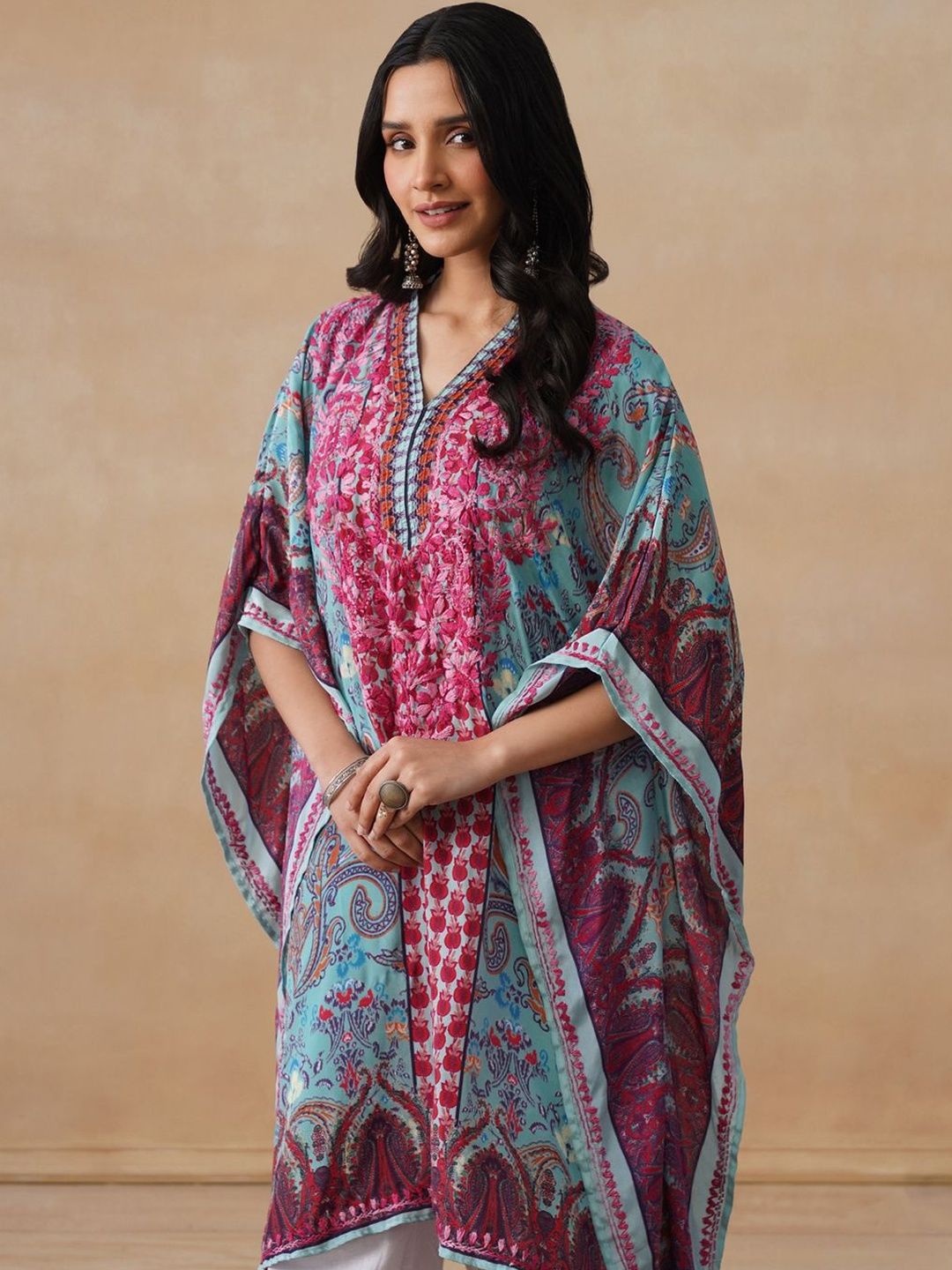 House of Chikankari Women Blue Printed Crepe Kaftan Kurta