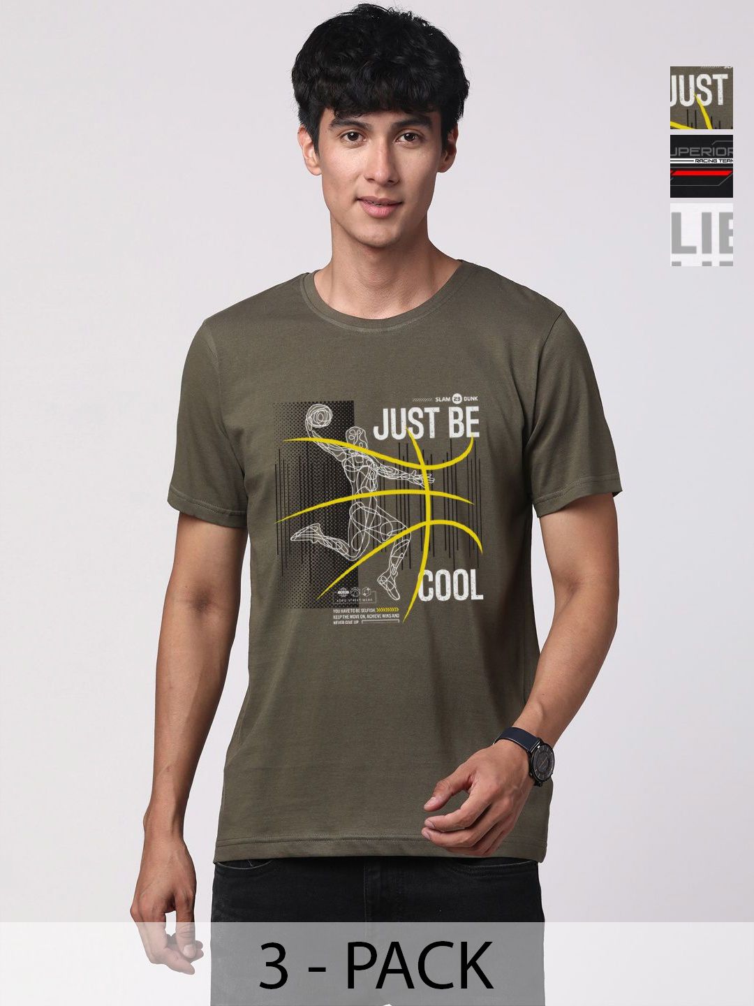 Pek ADRO Lelaki dengan 3 T-shirt Kapas Leher Bulat Bercetak Grafik