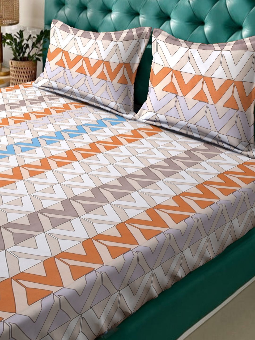 Myntra Elegant Homes Peach Geometric Cotton 300 TC Fitted King Cadar Halus dengan 2 Sarung Bantal-98 x 89 inci