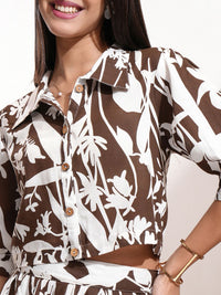 Vishudh Brown Floral Printed Cuffed Sleeves Casual Shirt With Skirt