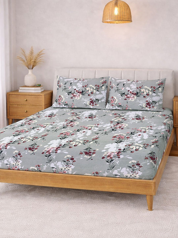 KLOTTHE Grey Floral 300 TC Super King Fine Bedsheets