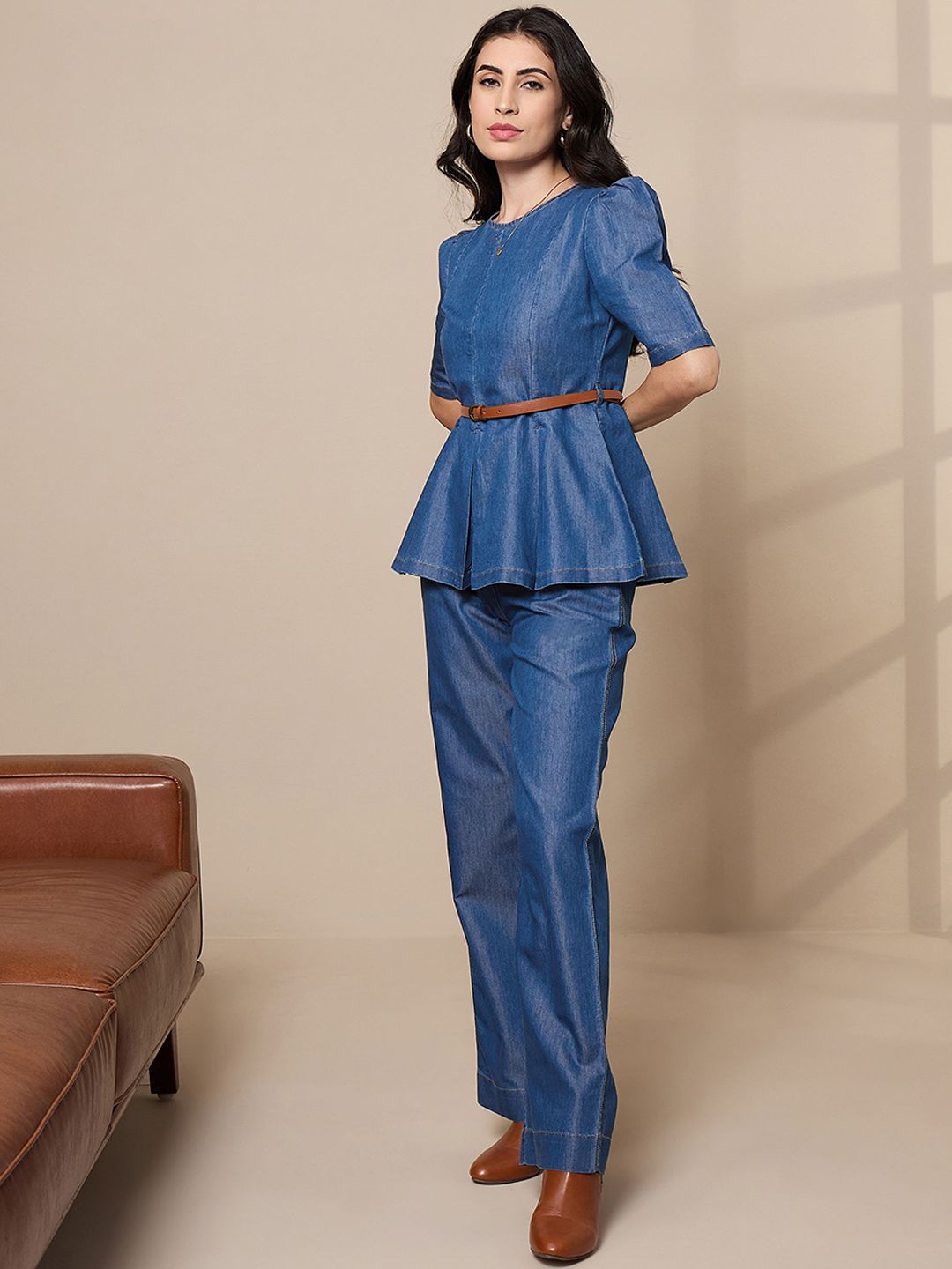 SASSAFRAS worklyf Pure Cotton Peplum Top With Straight Trousers