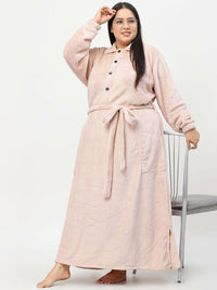 KLOTTHE Plus Size Pink Woollen Long Sleeves Bath Robe With Belt