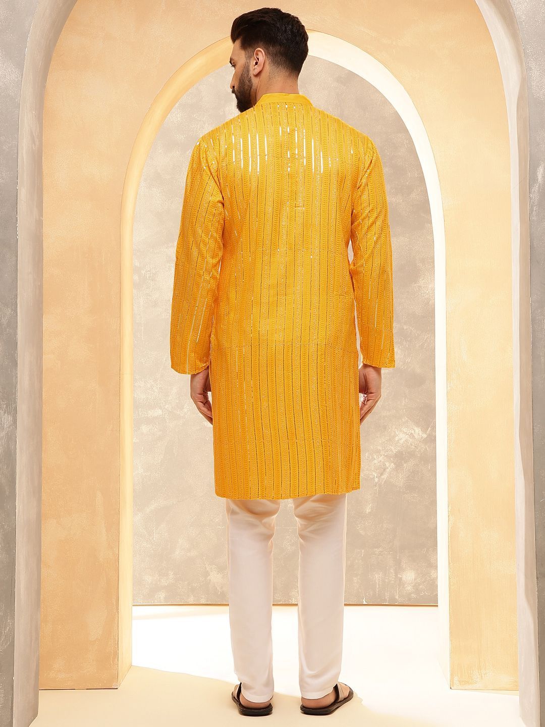 Anouk Mustard Striped Sulam Labuci Mandarin Kolar Kapas Tulen Kurta Dengan Pijama