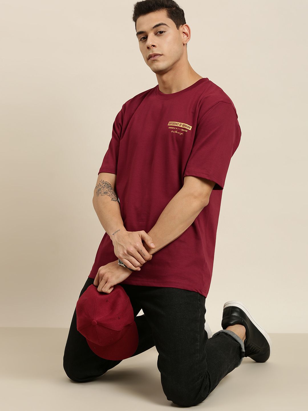 Difference of Opinion Men Maroon & Yellow Cotton Printed Drop-Shoulder Oversized T-shirt