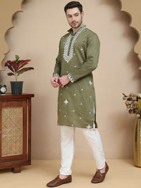 Jompers Embroidered Thread Work Mandarin Collar Straight Kurta With Pyjamas