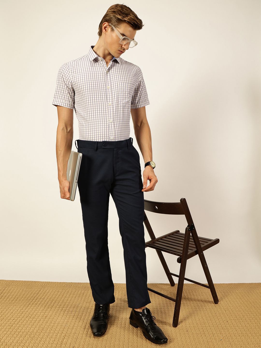 Thomas Scott Men Smart Spread Collar Gingham Checked Cotton Formal Shirt