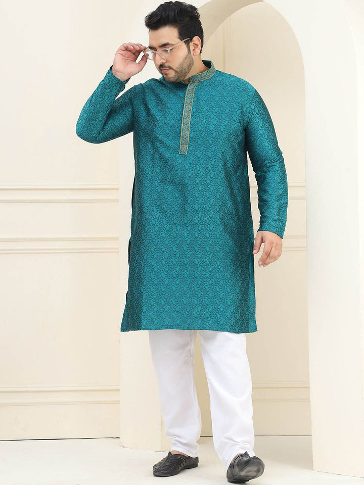 SOJANYA PLUS Rekaan Tenun Bunga Mandarin Collar Kurta Lurus Biasa dengan Piyama
