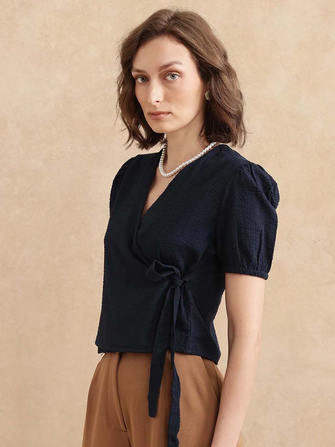 RAREISM Puff Sleeve Cotton Wrap Top