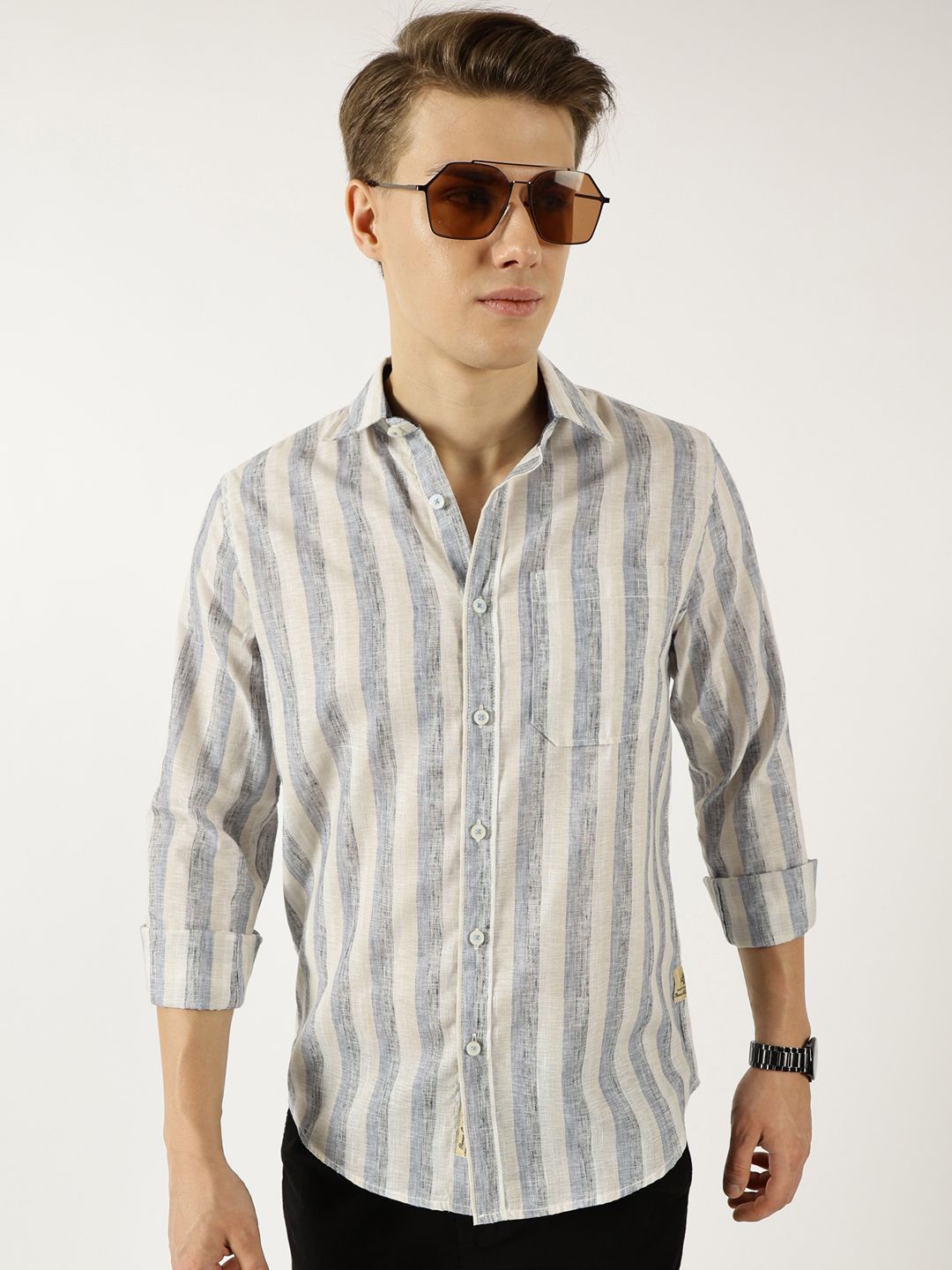 Thomas Scott Men Classic Spread Collar Vertical Striped Linen Slim Fit Casual Shirt
