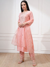 Vishudh Women Embroidered Roman Kurta With Bottom & Nylon Organza Dupatta