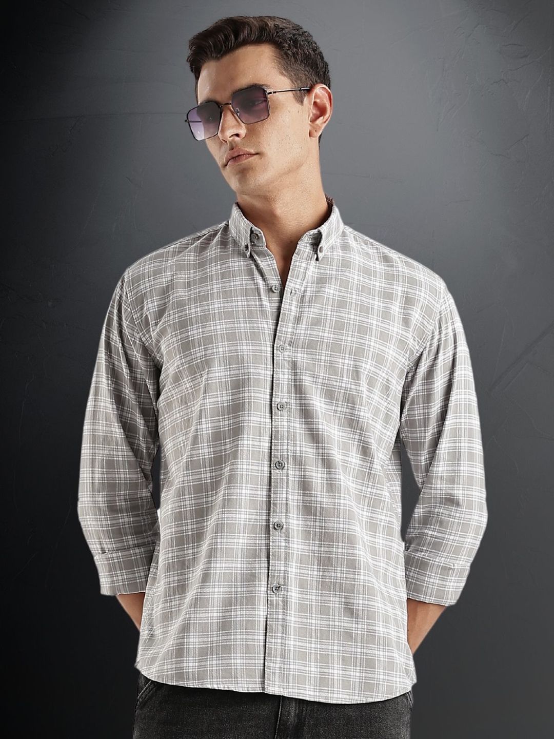 ADRO Tartan Checked Spread Collar Long Sleeves Cotton Casual Shirt