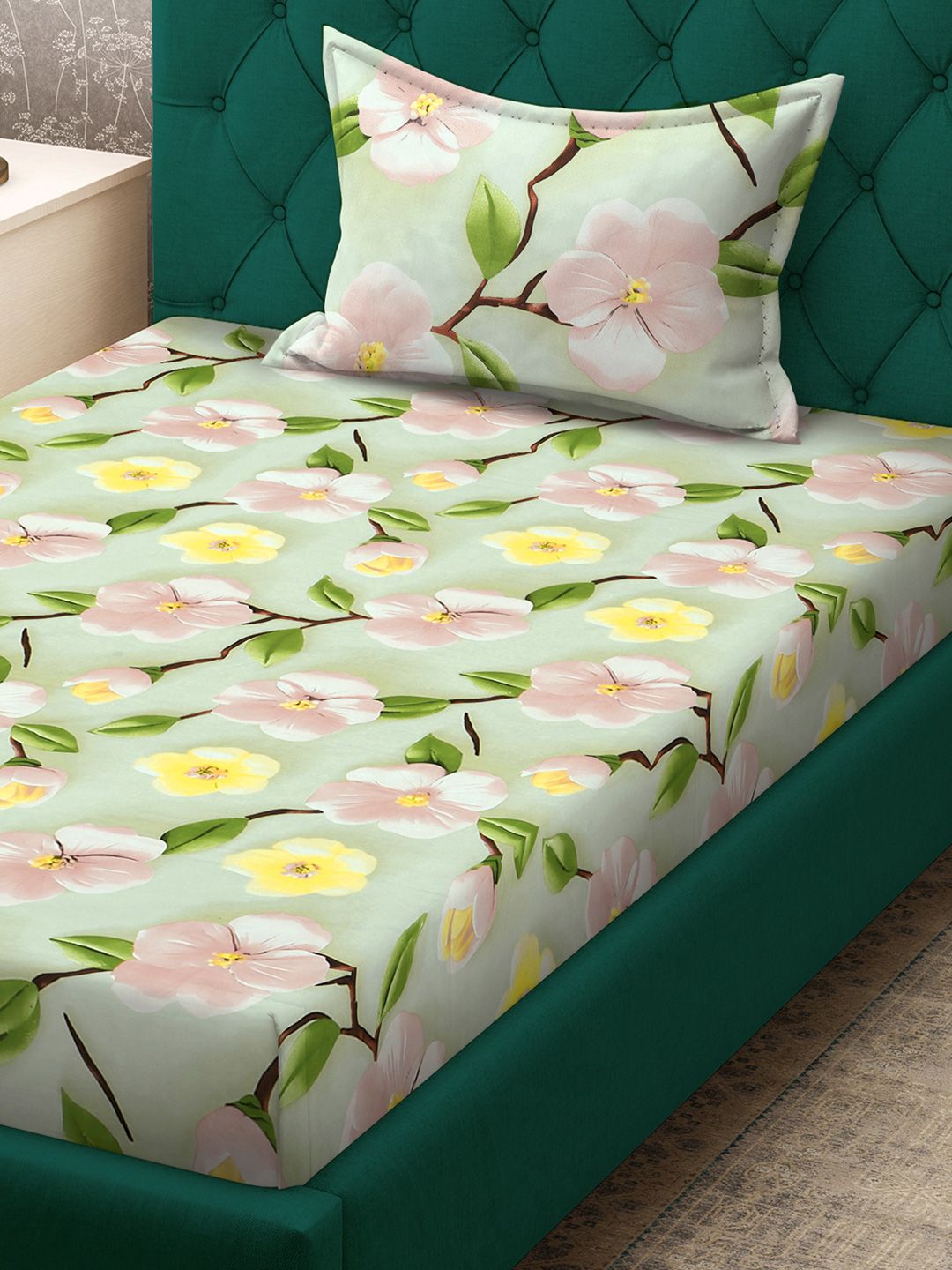 KLOTTHE Green & Yellow Floral Printed Fitted 300 TC Single 7D Bedsheet With Pillow Cover