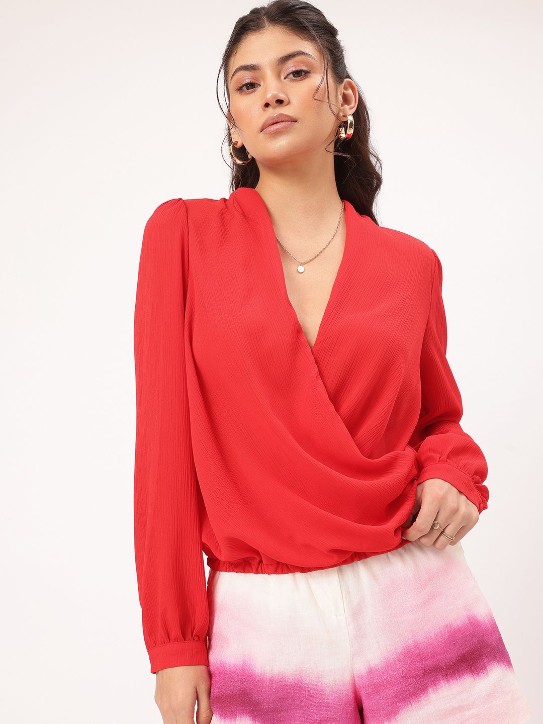 DressBerry Sweet & Spicy Crinkled Fluid Wrap-Style Blouson Top