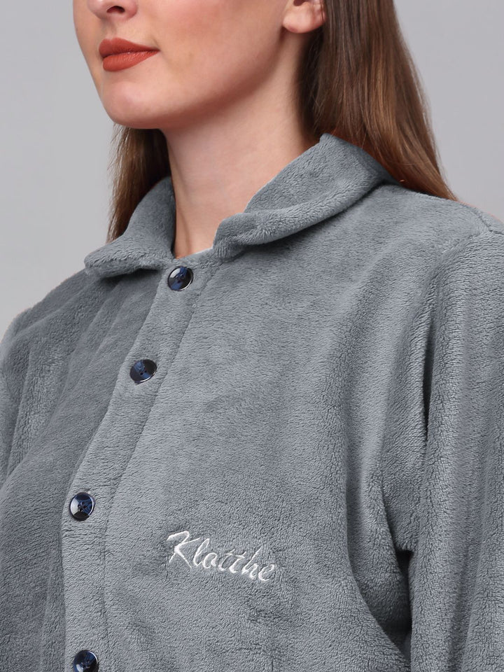 KLOTTHE Grey Shirt Collar Woolen Bath Robe With Belt