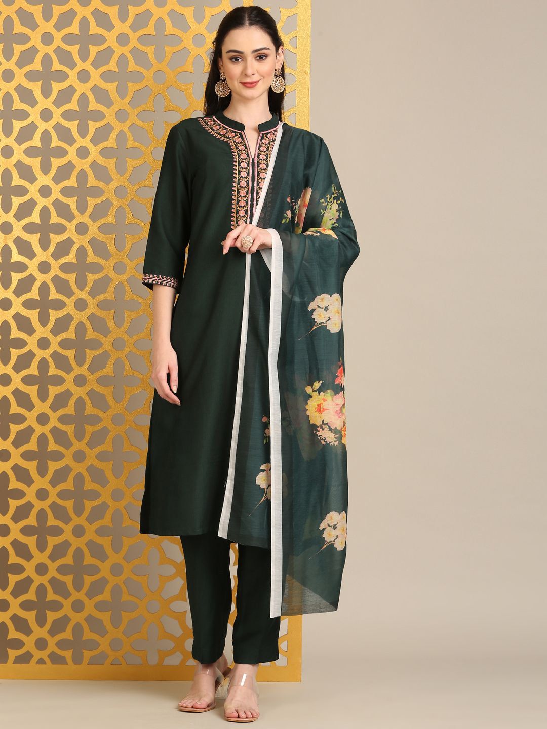 Anouk Floral Embroidered Straight Kurta With Trouser And Dupatta
