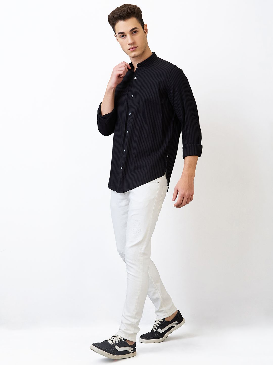 SPYKAR Men Band Collar Vertical Striped Cotton Casual Shirt