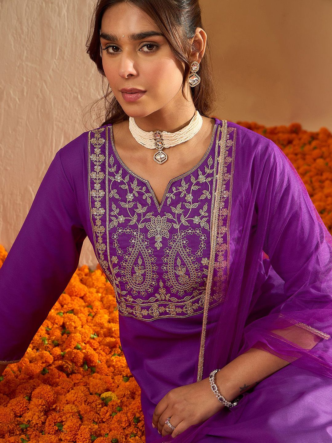 Indo Era Floral Embroidered Liva Straight Kurta With Trousers & Dupatta