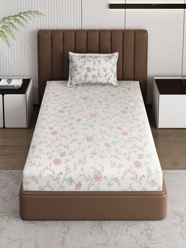 Monte Carlo Off White & Peach-Coloured Printed 120 TC Single Bedsheet Set 1.52 m x 2.30 m
