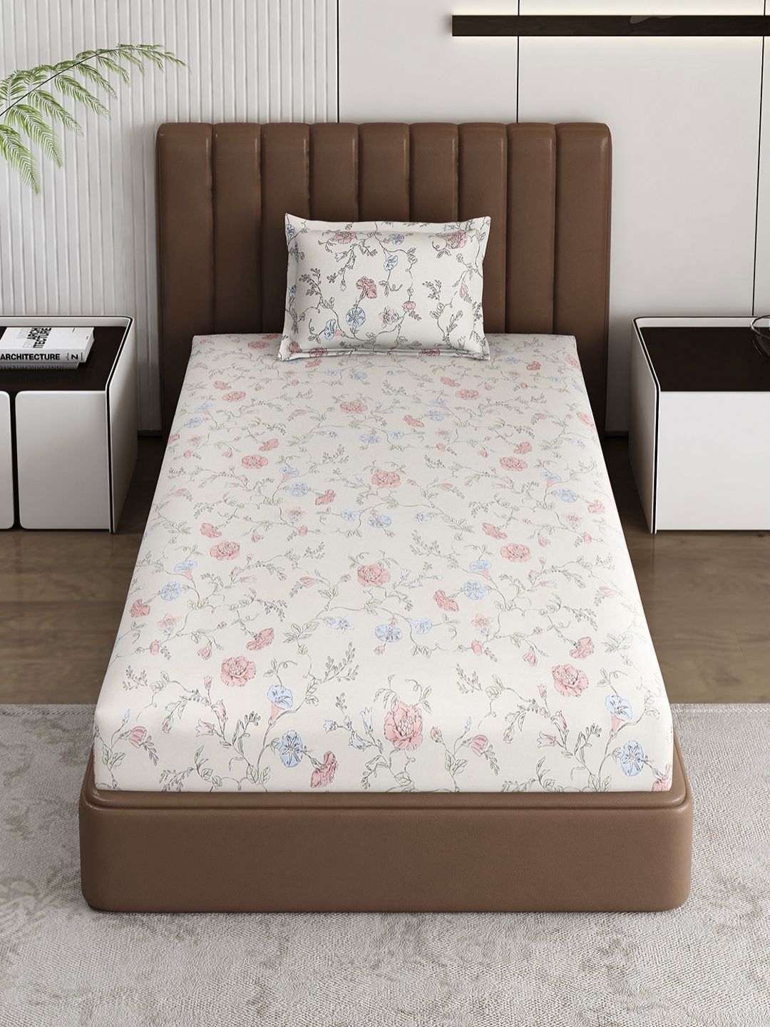 Monte Carlo Off White & Peach-Coloured Printed 120 TC Single Bedsheet Set 1.52 m x 2.30 m