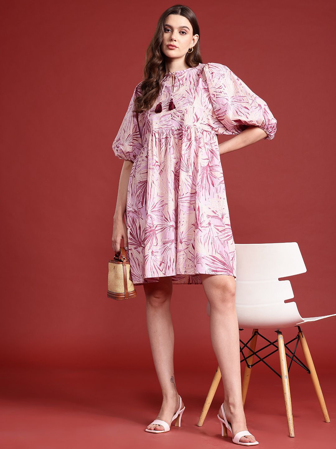 all about you Floral Print Tie-Up Neck Puff Sleeves Cotton A-Line Dress