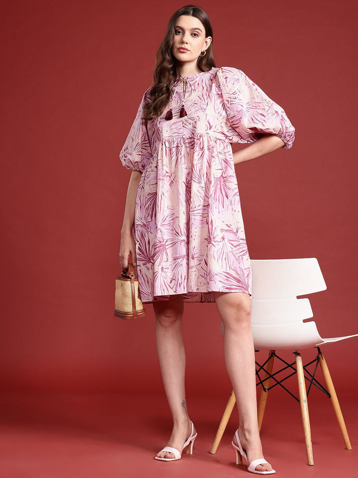 all about you Floral Print Tie-Up Neck Puff Sleeves Cotton A-Line Dress