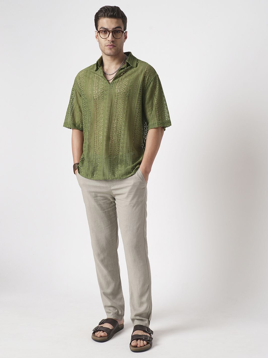 VASTRADO Men Classic Oversized Fit Spread Collar Textured Cotton Casual Shirt