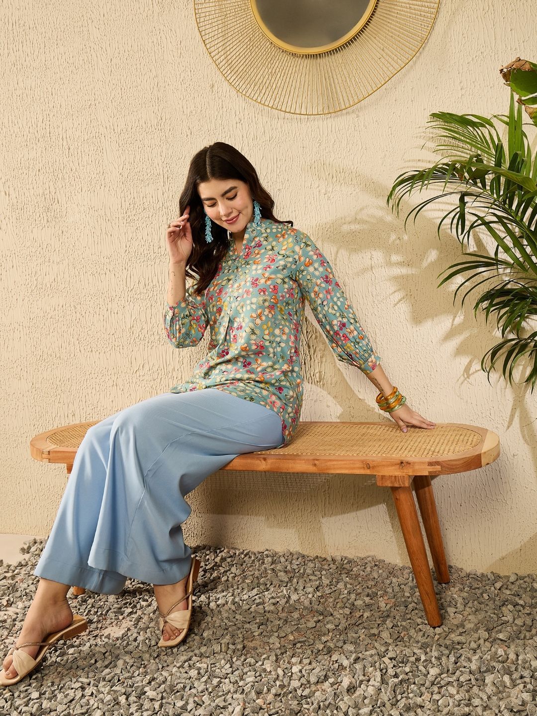 KALINI Women Floral Printed Cuffed Sleeves Mandarin Collar Top