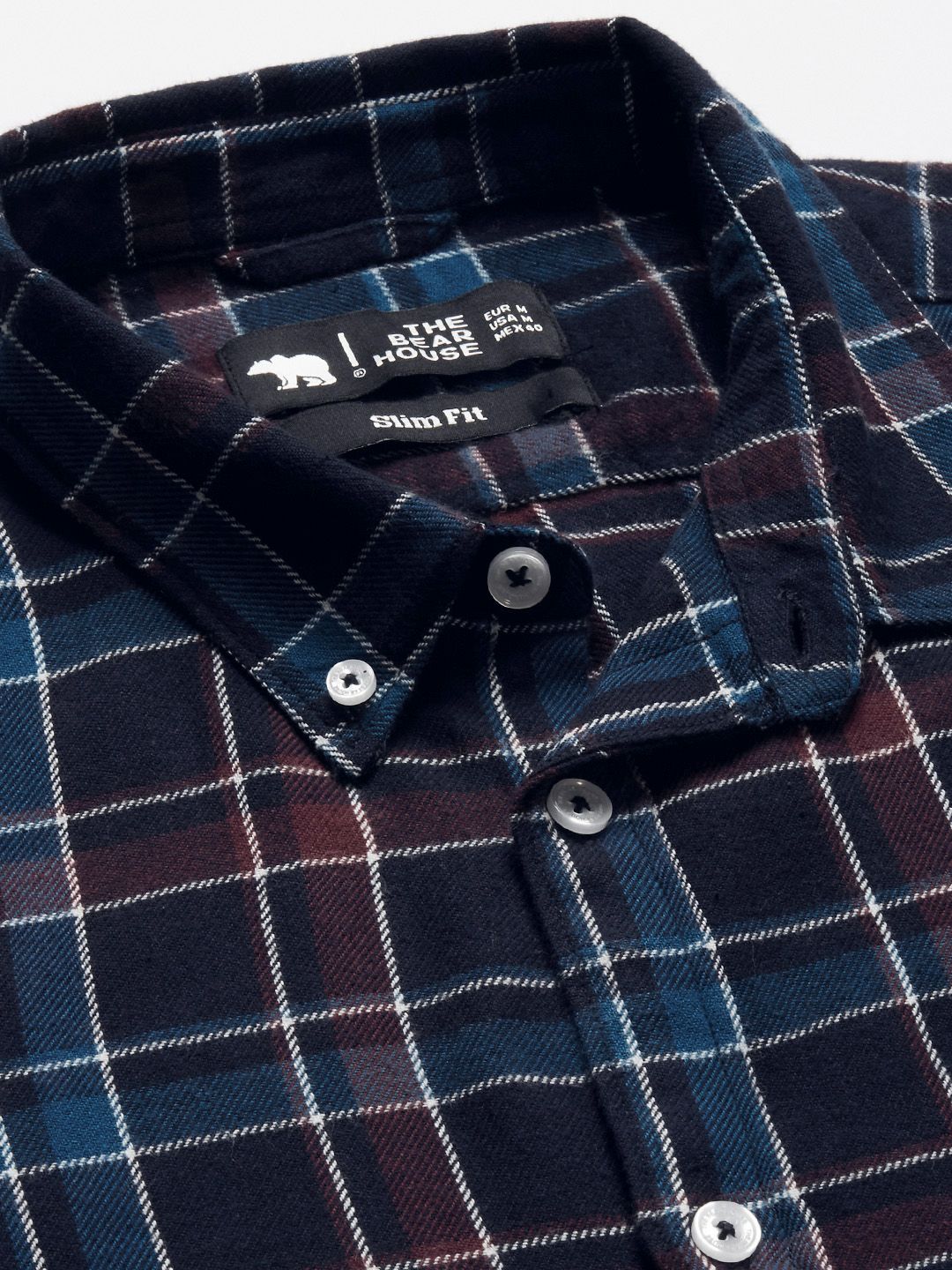 THE BEAR HOUSE Men Navy Blue Slim Fit Checked Flannel Pure Cotton Casual Shirt