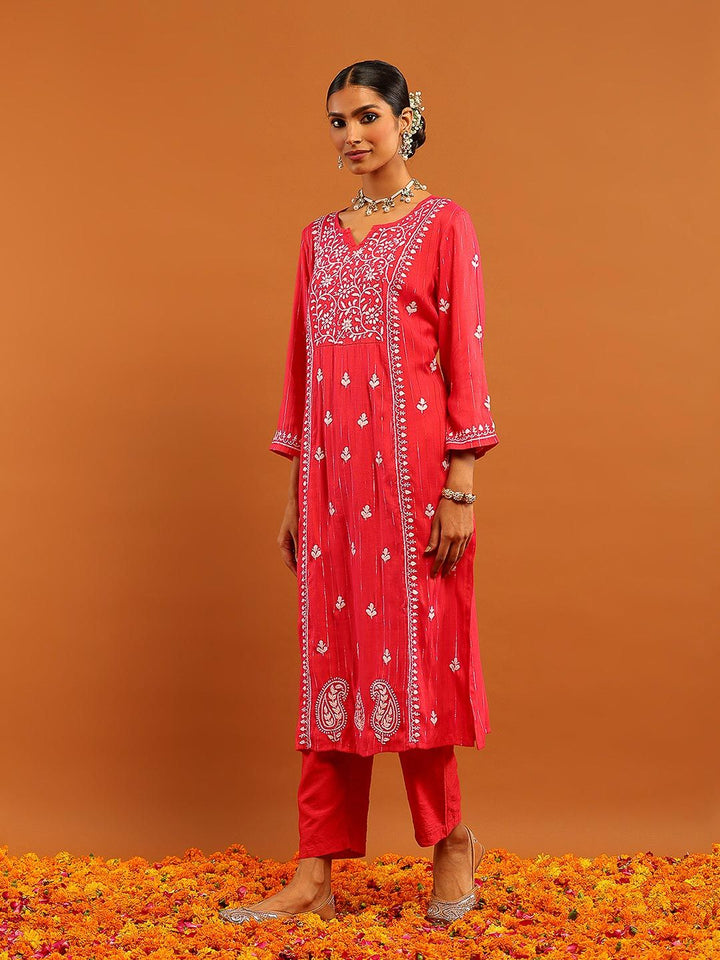Rumah Chikankari Wanita Red Cotton Chikankari Sulam Kurta