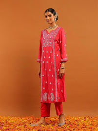 Rumah Chikankari Wanita Red Cotton Chikankari Sulam Kurta