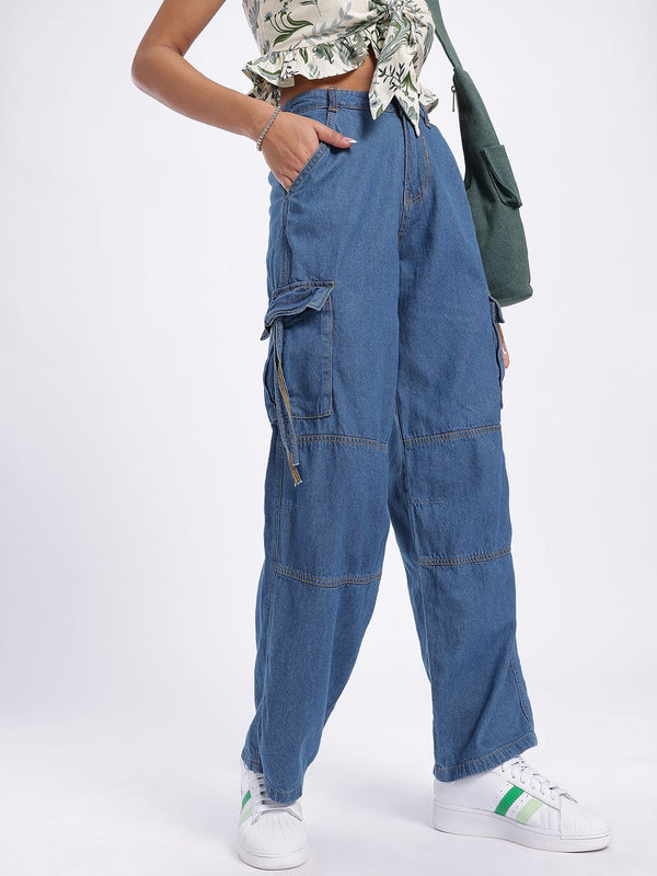 DressBerry Women Panelled Cargo-Style Baggy Jeans