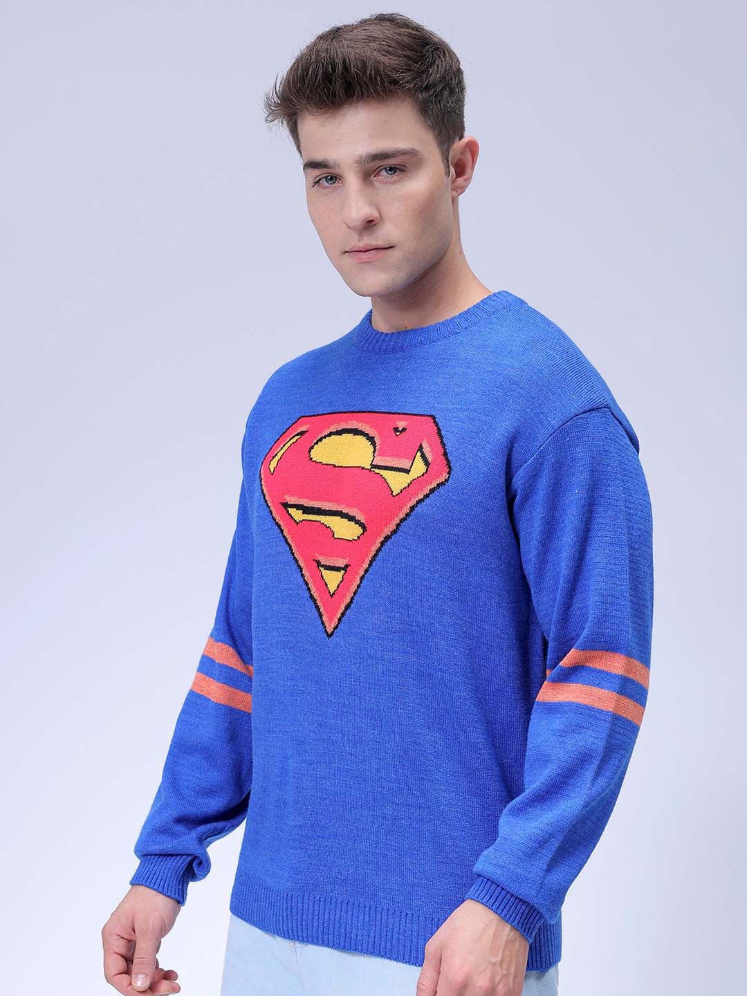 The Indian Garage Co Men Superman Printed Crew Neck Relaxed Fit Jacquard Sweater