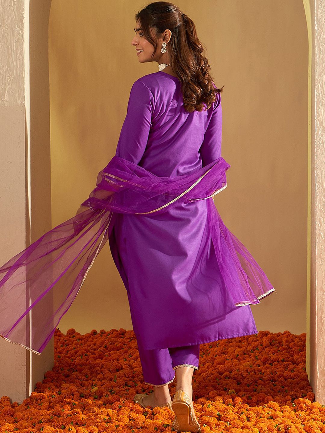 Indo Era Floral Embroidered Liva Straight Kurta With Trousers & Dupatta
