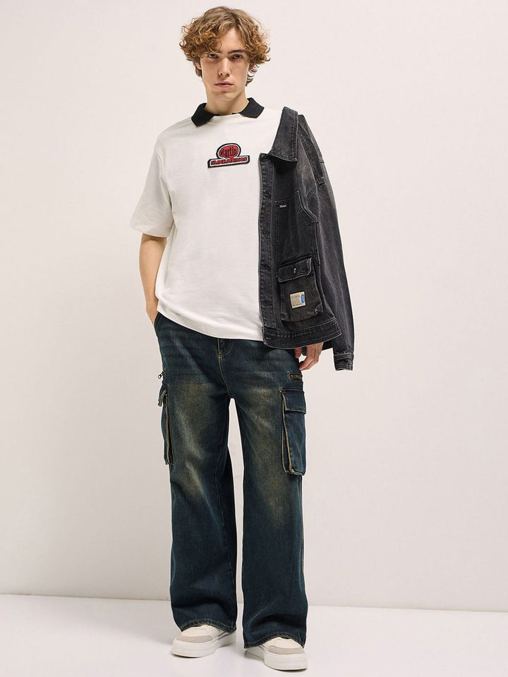 THE BEAR HOUSE Men Printed Pure Cotton Applique Oversized T-shirt